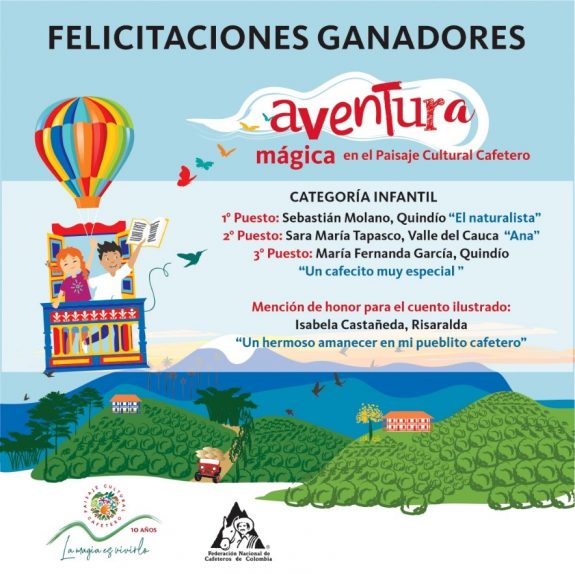 Niños del Quindío ganadores en el primer y tercer lugar del concurso de cuento Aventura Mágica en el Paisaje Cultural Cafetero de Colombia